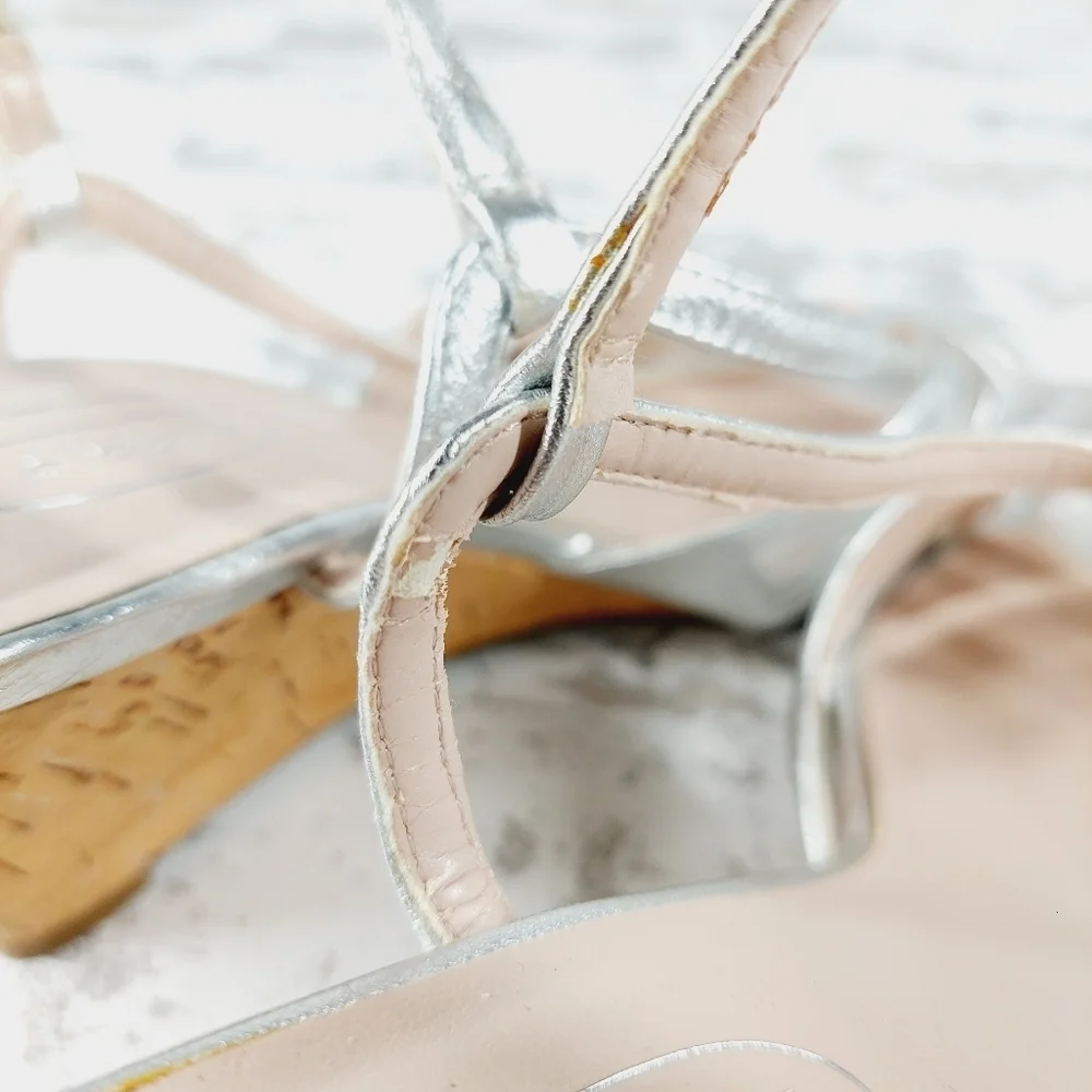 Talbots Women's Silver Genuine Leather Platform Strap Wedge Sandals V327